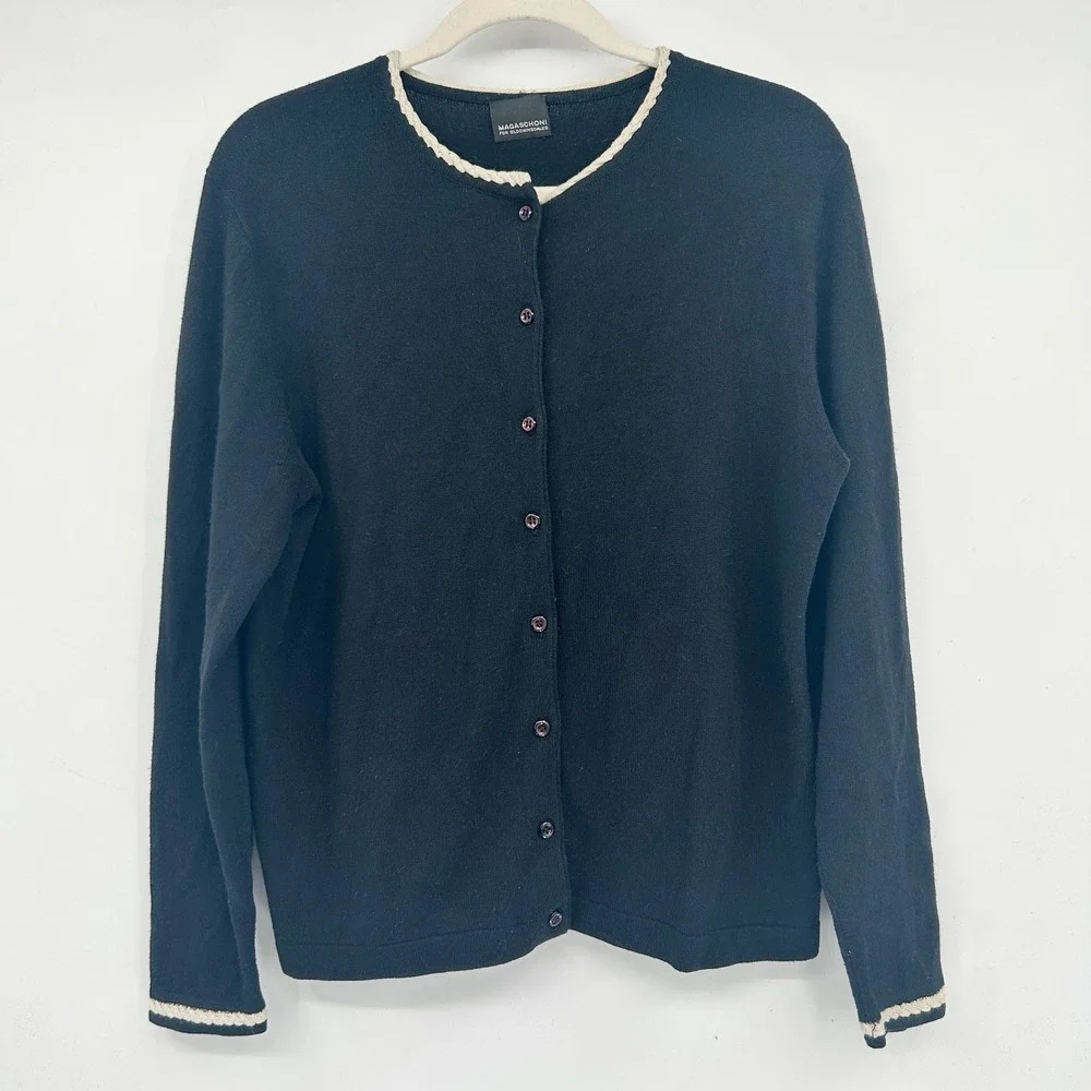 MAGASCHONI FOR BLOOMINGDALES Womens Black‎ Cardigan Sweater Button Up Knit Trim